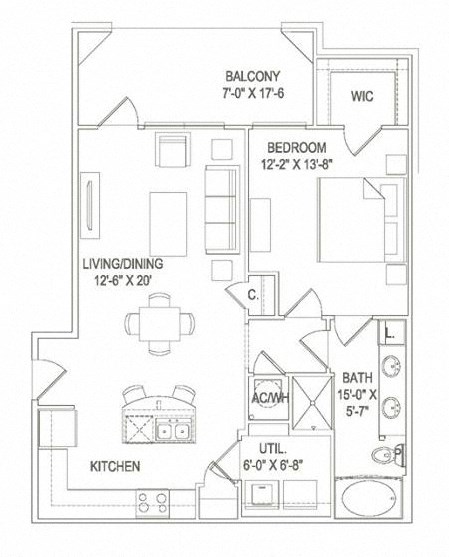 Floor plan for 1 bed, 1 bath, 847 sqft